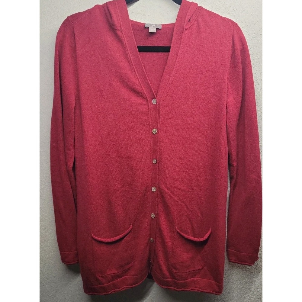 J. Jill Red Button Front V Neck Cardigan Hood Long Sleeve Pockets Sz Small